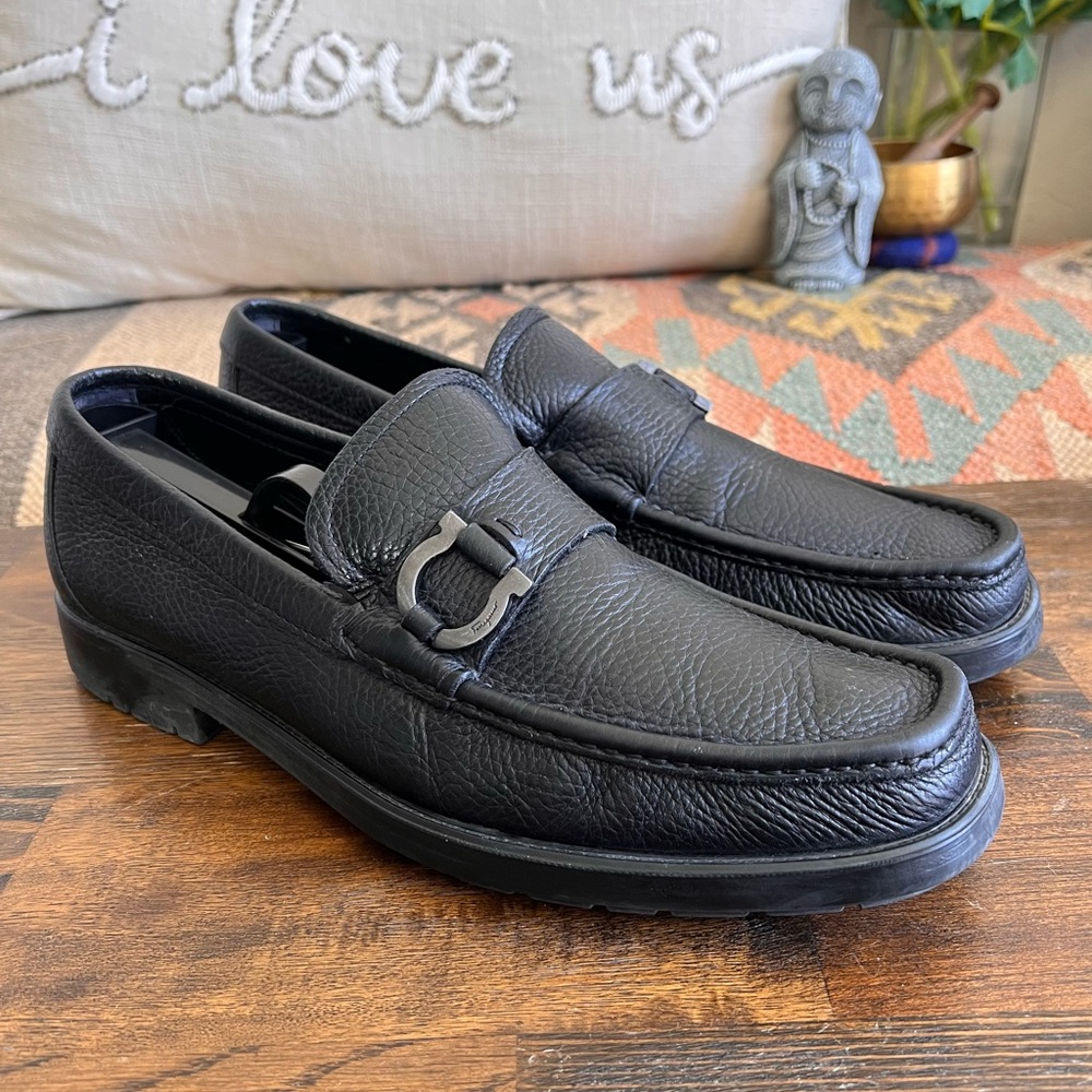 Salvatore Ferragamo MULLER Gancini Ornate Black Leather Men’s Loafers US 9.5 D